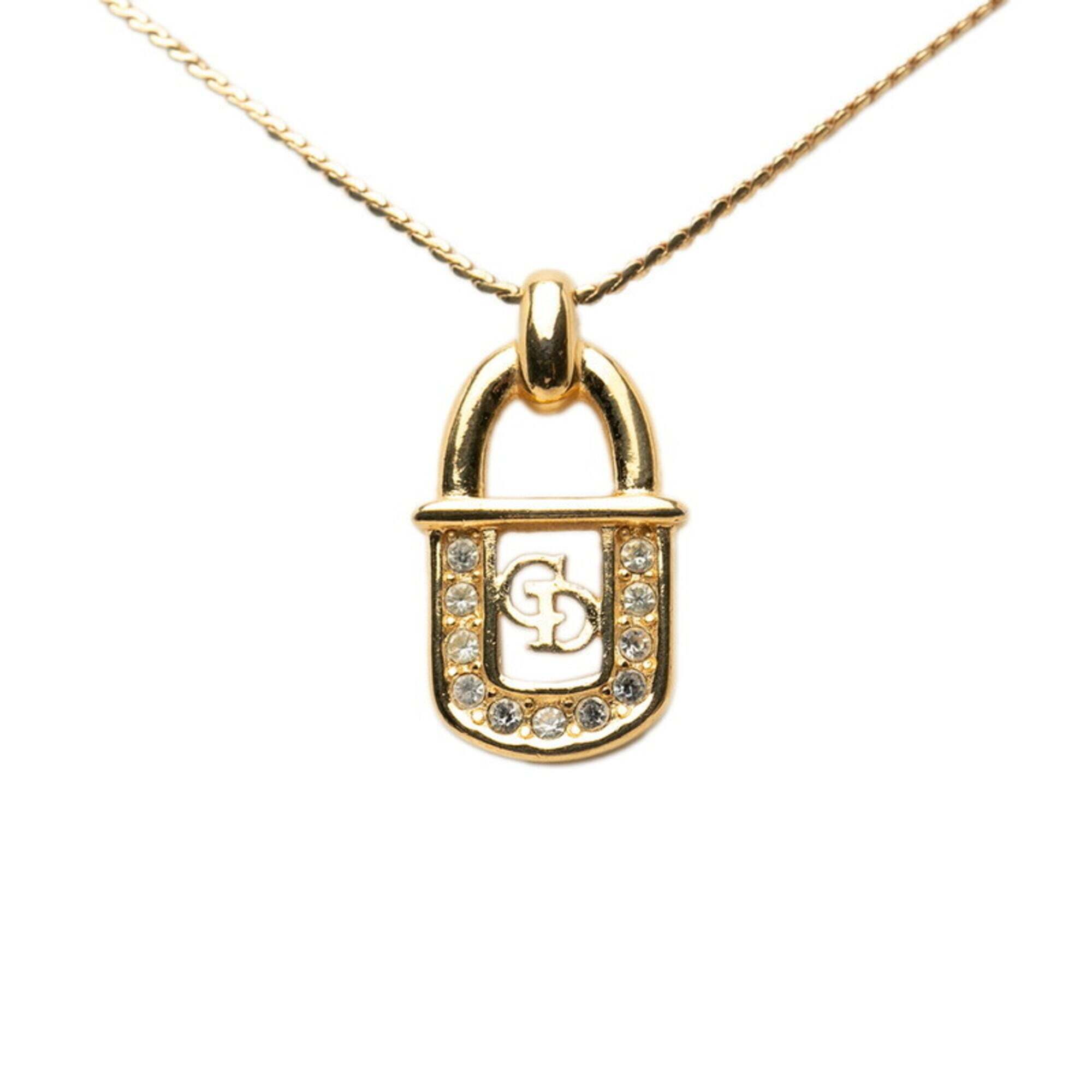 Christian Dior Dior Cd Logo Padlock Chain Pendant Necklace, Gold Plated Rhine...